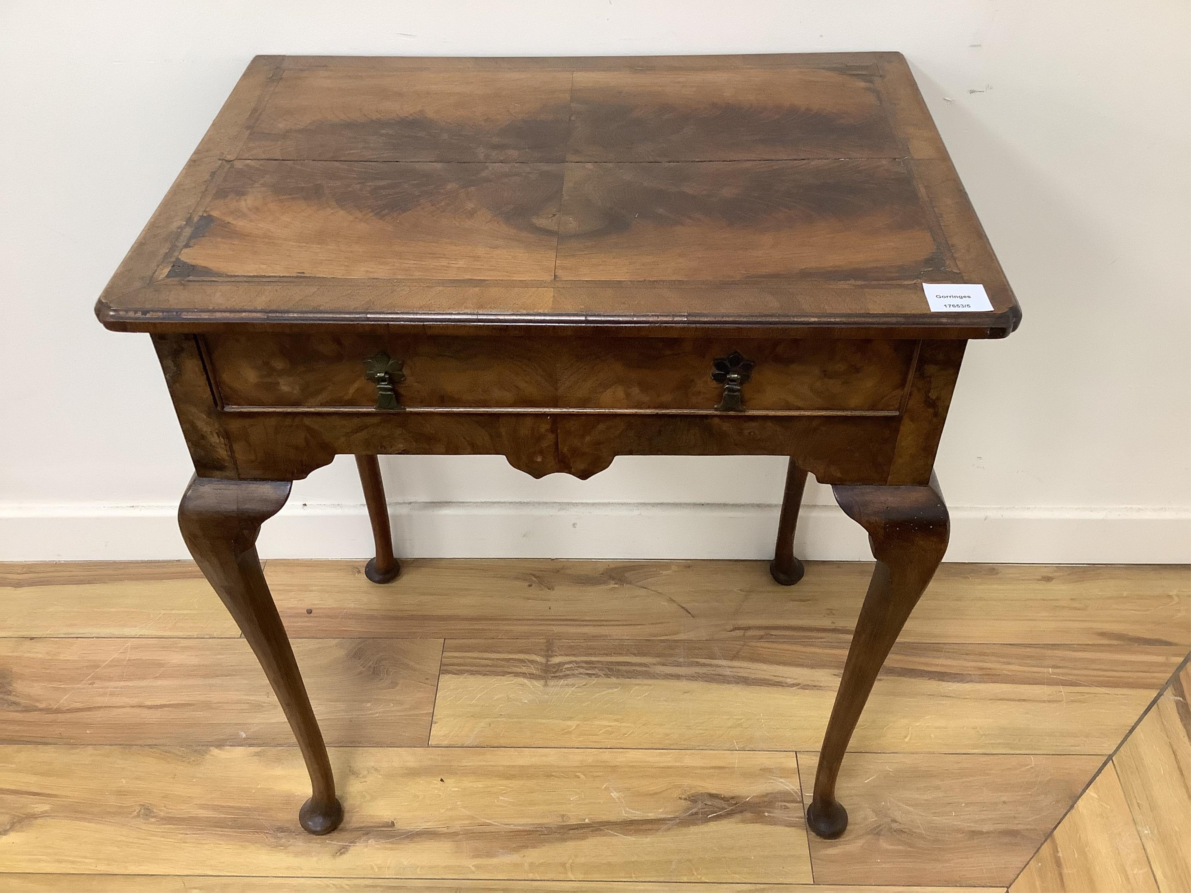 A George I style feather banded walnut side table, width 63cm, depth 44cm, height 71cm. Condition - fair